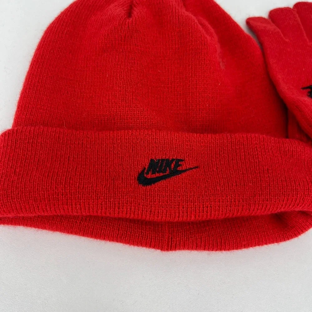 Nike Youth Red Knit Beanie and Gloves Set Embroidered Swoosh Logo